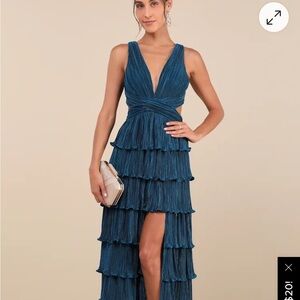 Lulus Beauty Icon Dark Teal Satin Pleated Tiered Lace-Up Maxi Dress